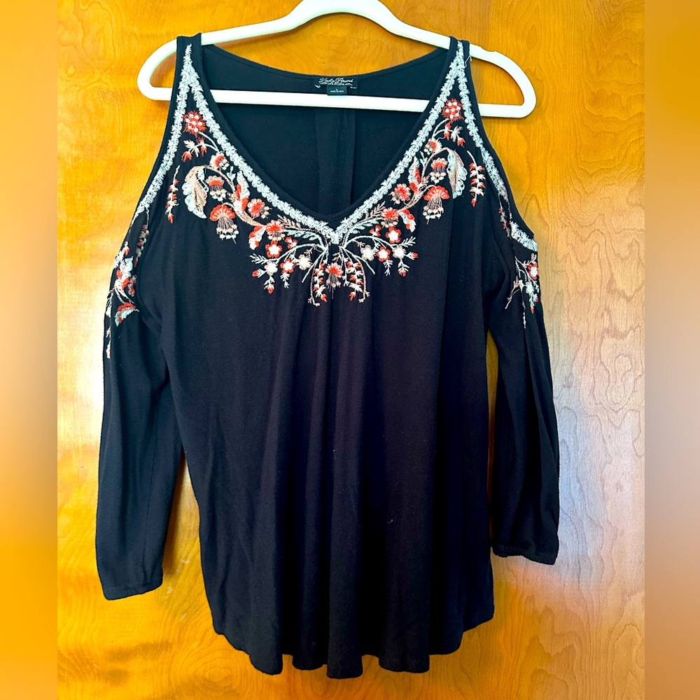 Lucky Brand Black Embroidered Cold Shoulder Blouse, Size L